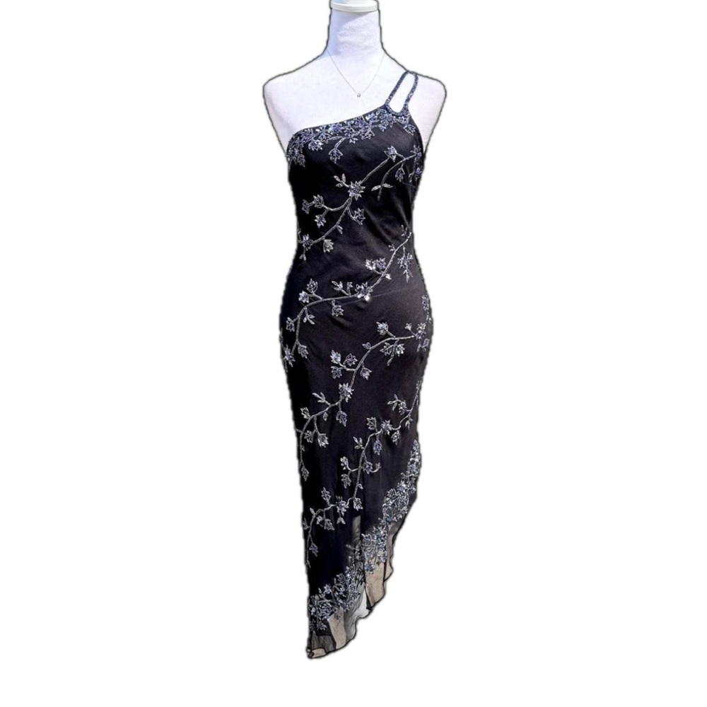 NWT Cache Silk Beaded Black and Silver One Shoulder Dress